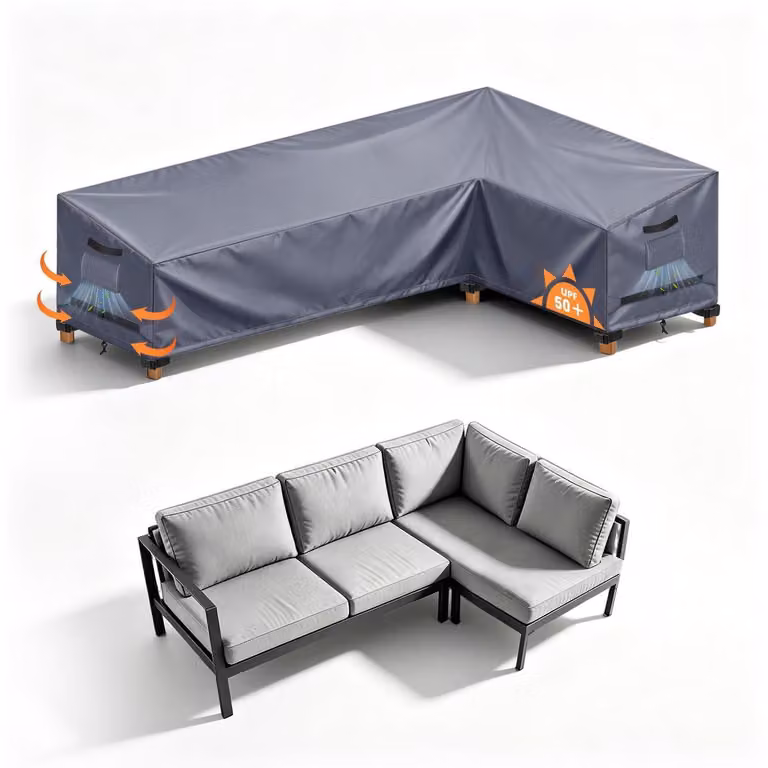 Copertura per mobili da giardino, divani da esterno a forma di L, impermeabile, dimensioni 210x140x90x80/65 cm, colore grigio, tessuto Oxford 420D