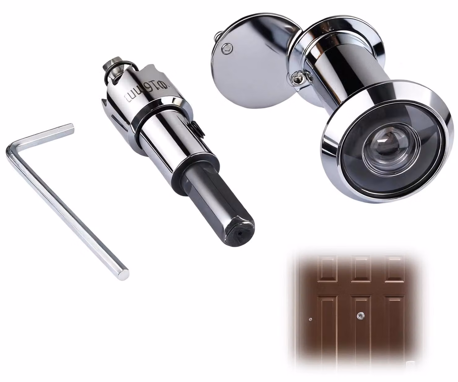 Spioncino per porte con protezione della privacy, angolo di visione di 200°, lente in vetro Ø16 mm, completo di utensile per foratura con punta a tazza