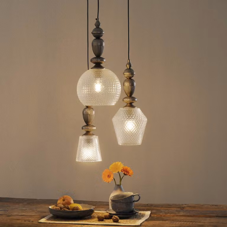 Viokef Lampada a sospensione in vetro Talisa, dimmerabile, Alluminio / Grigio / Zincato, Soggiorno / Sala da pranzo, Vetro, Vintage, Lampada a sospensione