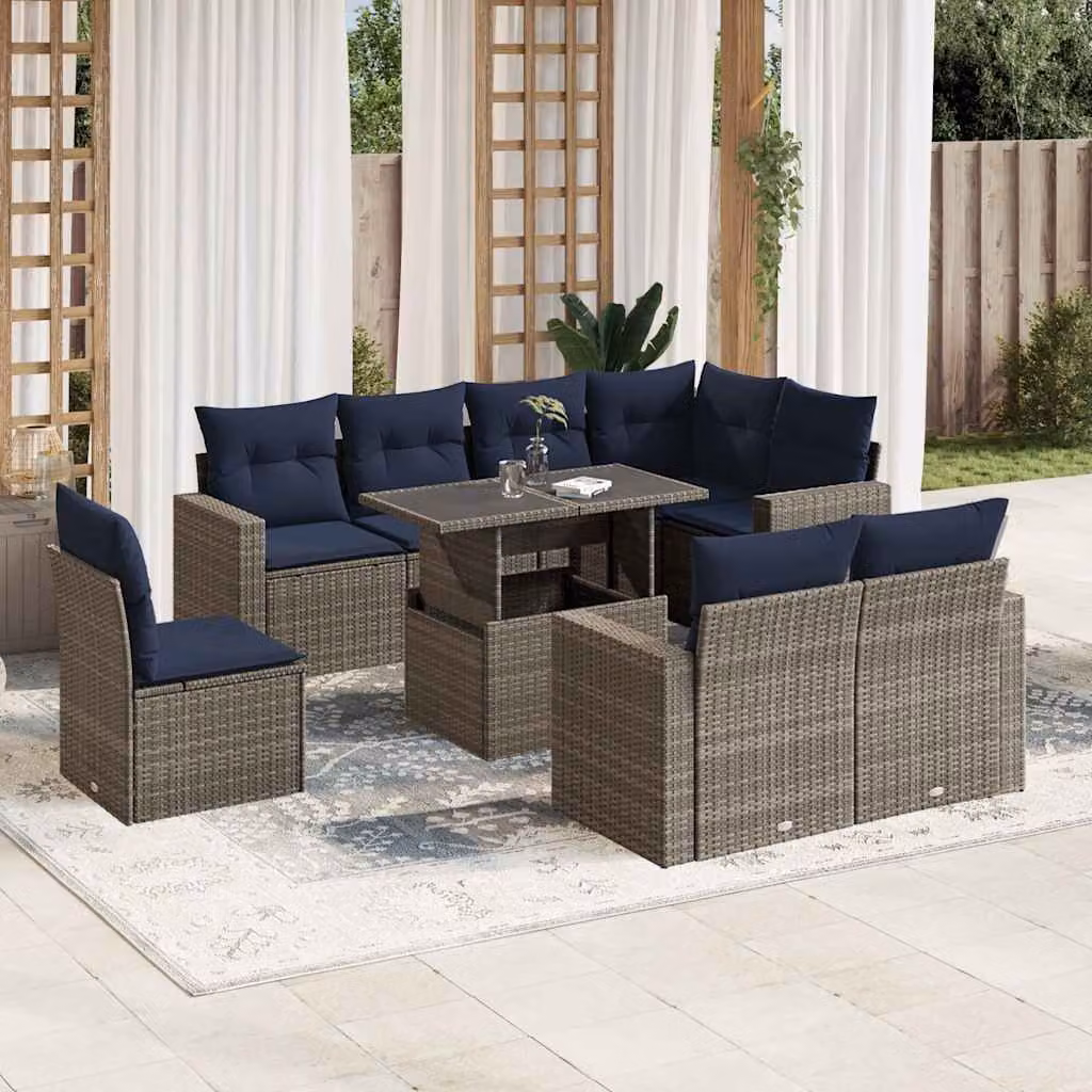 Set di divani da giardino vidaXL in polyrattan grigio con cuscini e tavolino da esterno a forma di L