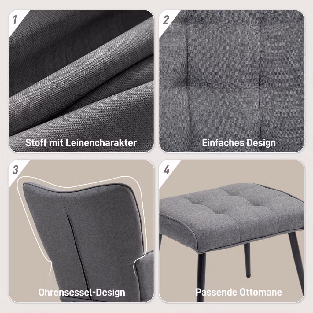 Set di 2 poltrone a dondolo REDOM con poggiapiedi integrato, tessuto grigio scuro, design moderno per soggiorno, L: 64 cm, P: 89 cm, H: 90 cm – 2
