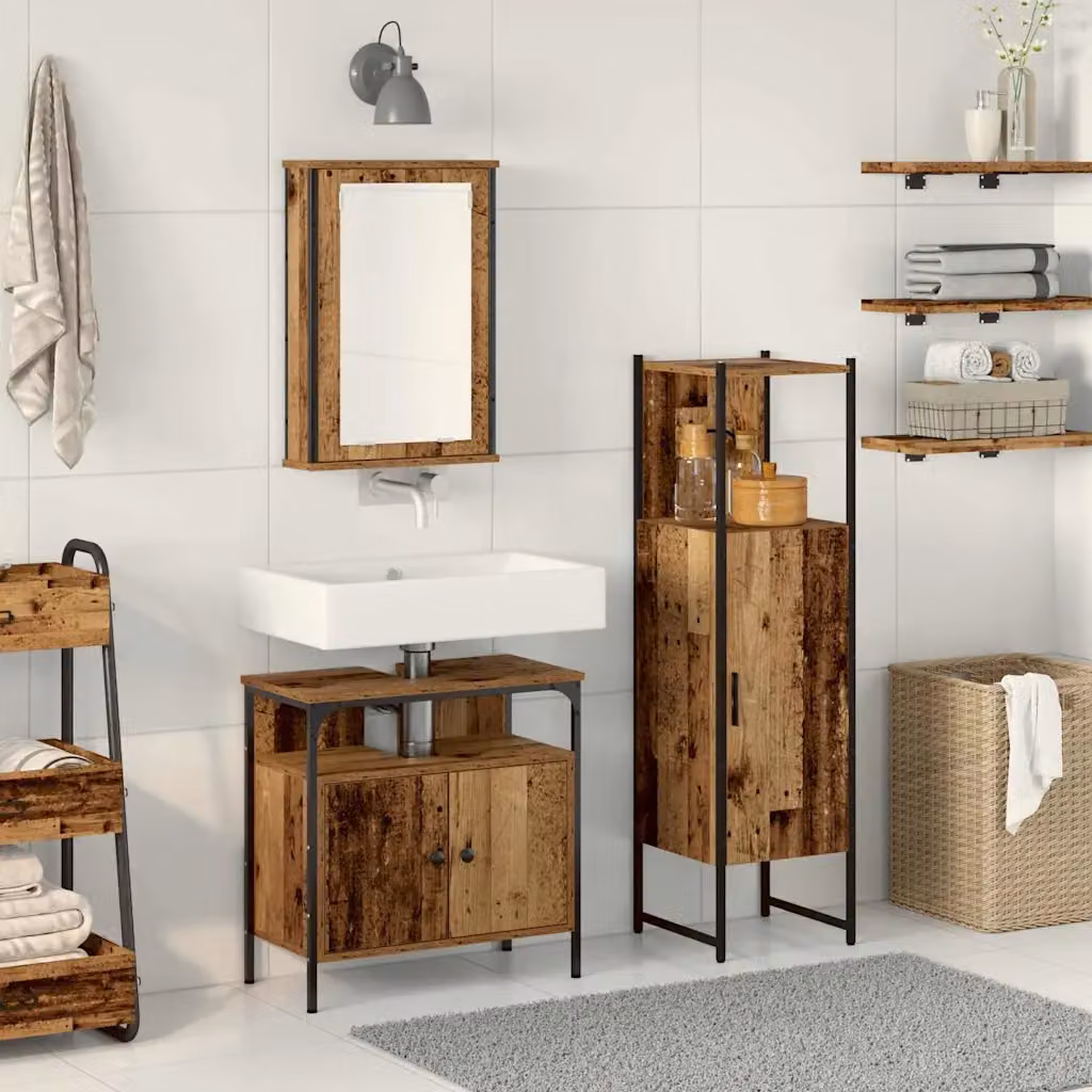 Set di mobili per il bagno moderno vidaXL in legno marrone e nero composto da armadietto con specchio, mobile lavabo e colonna alta, H x L x P: 120,5 x 36,46 x 30 x 60 x 30 cm