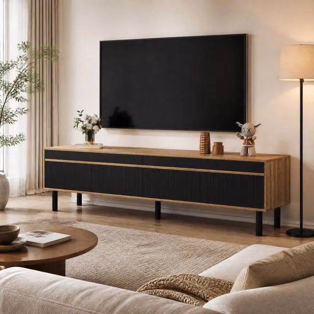 Mobile TV REDOM moderno con 4 ante in MDF e truciolare, nero e naturale, L 170 x P 38 x H 47,7 cm