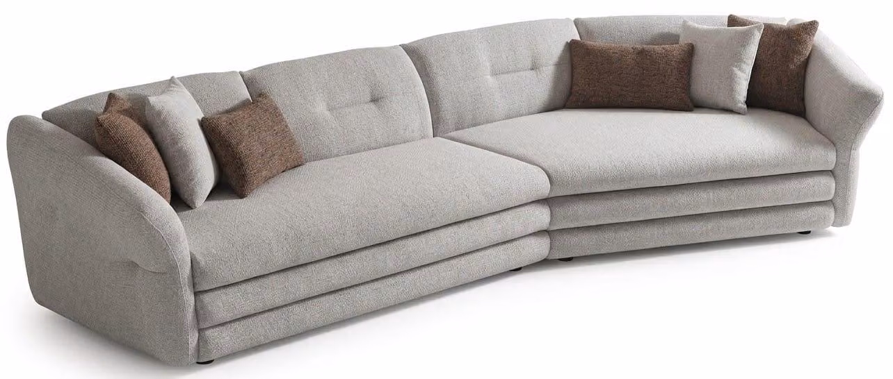 Divano angolare curvo, color beige, moderno, ideale per il soggiorno, confortevole
