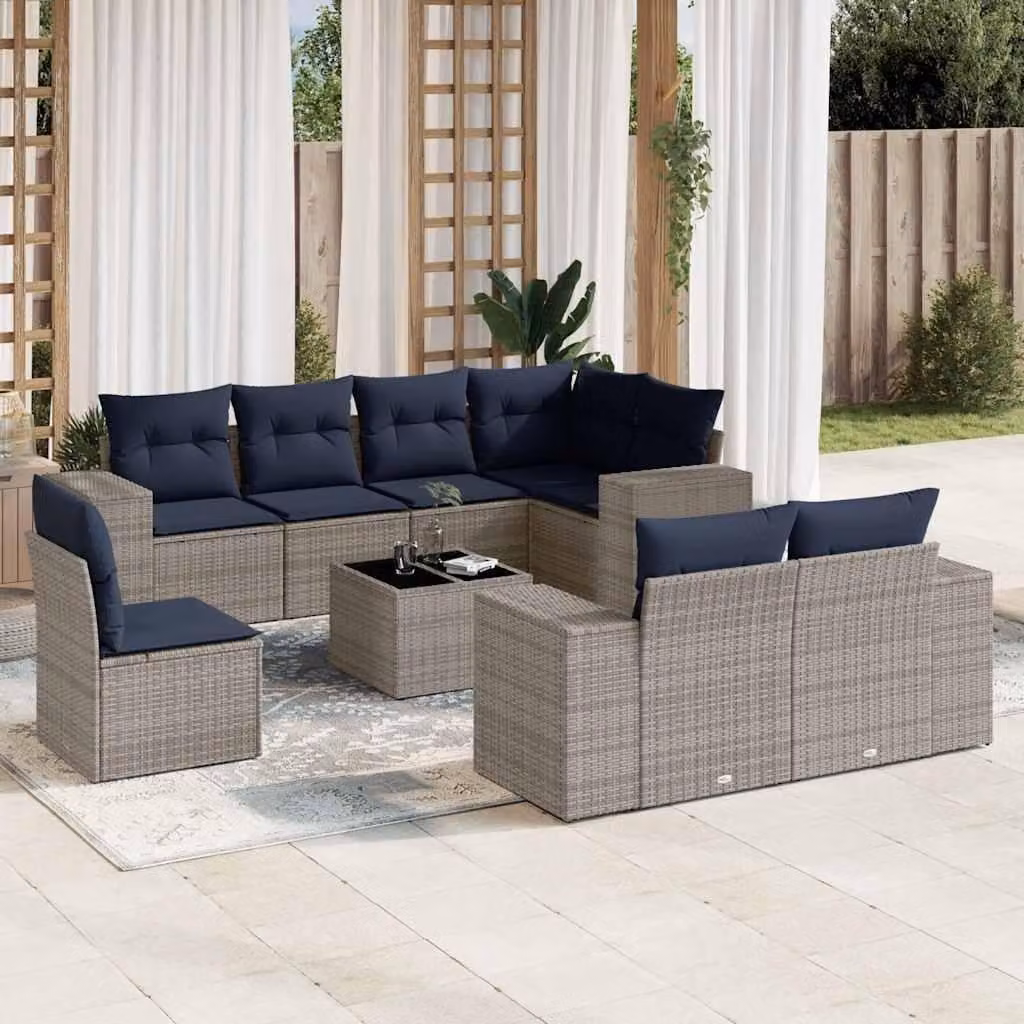 Maison Exclusive - Set di 9 pezzi per giardino con cuscini, grigio, polyrattan