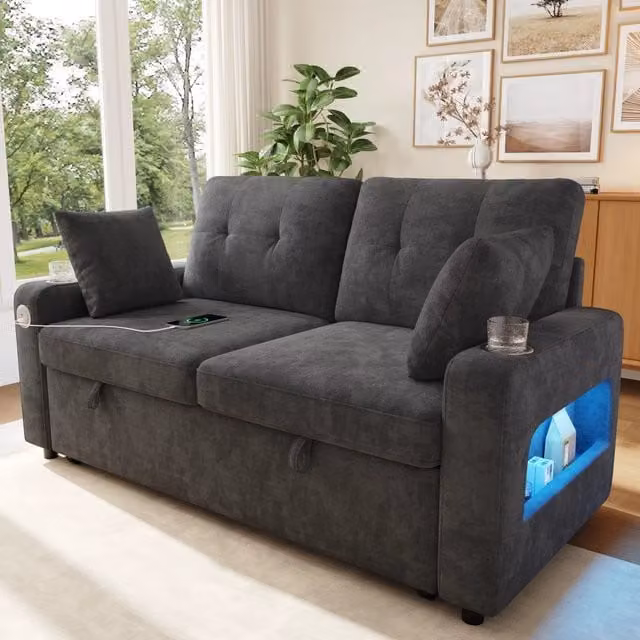 Divano letto 2 posti 141.5x131x83.5 cm estraibile con LED e ricarica USB Type C in ciniglia grigio