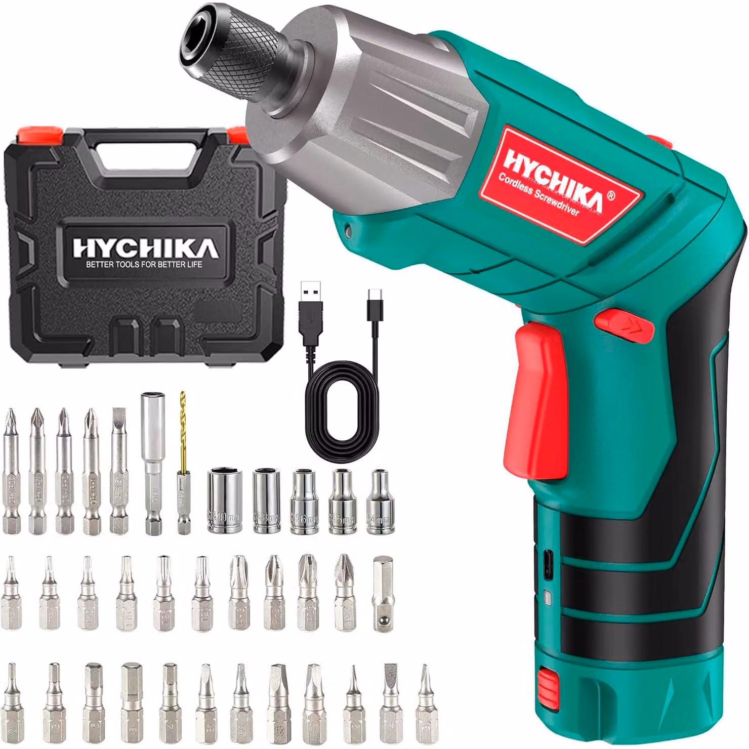 Avvitatore a batteria HYCHIKA 3,6 V 6 N·m e batteria Li-Ion da 2000 mAh con 20 accessori