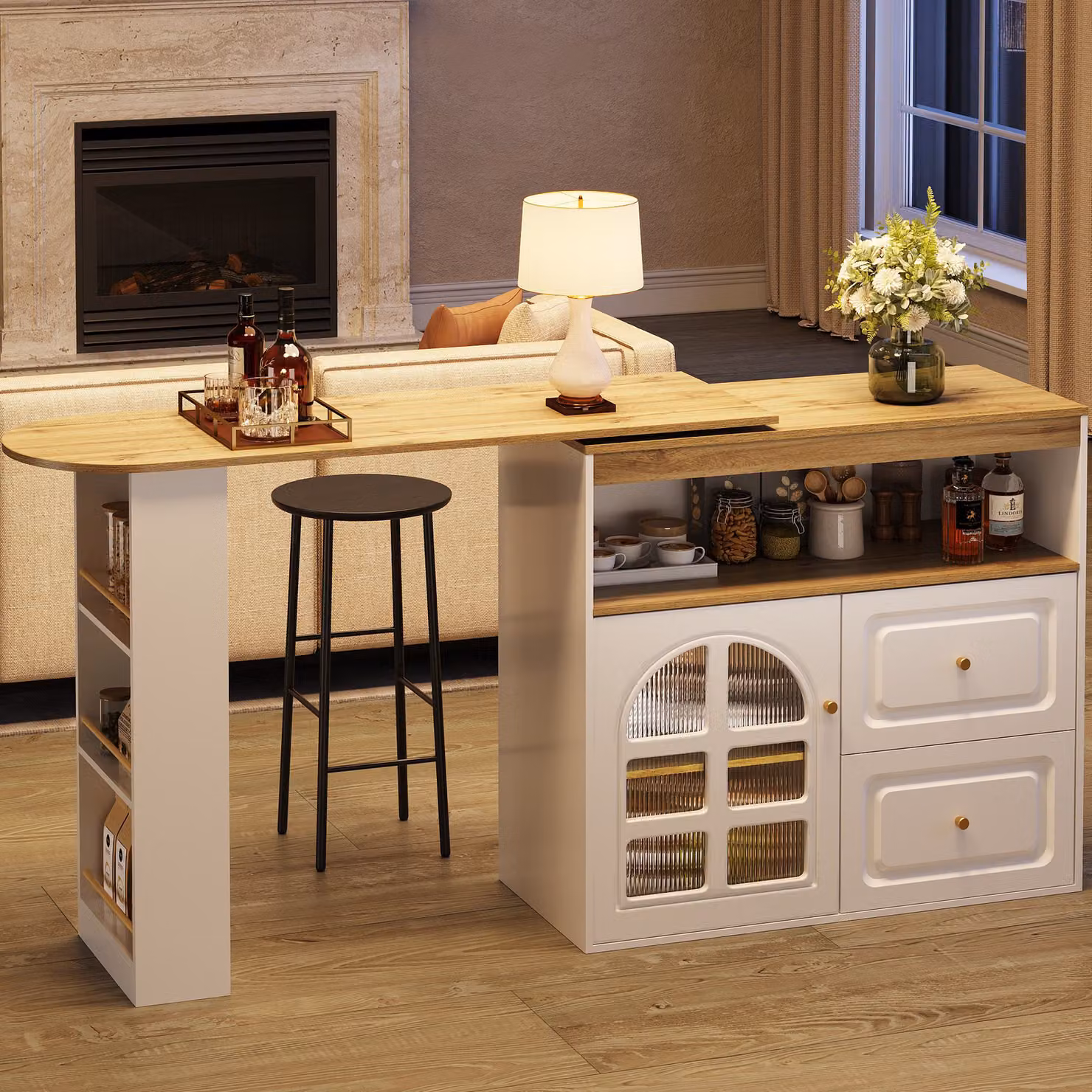 Credenza da cucina moderna Aosom con ripiano per snack girevole a 360°, 2 cassetti e vetro curvo, Bianco, L: 138-204 cm, P: 39 cm, H: 104 cm – 2