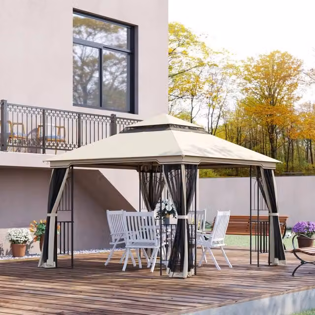 Gazebo da giardino con doppio tetto e pareti laterali removibili struttura in metallo beige 2,99 × 2,99 × 2,74 m