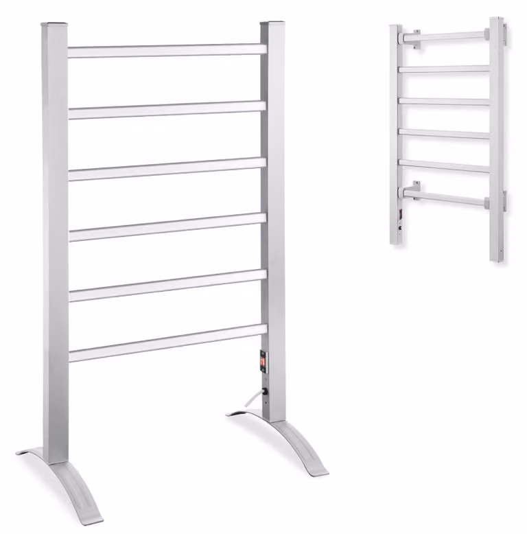 Asciugamani elettrico da parete, modello autoportante - 6 barre - Potenza: 90 W - Dimensioni: 555 x 355 x 895 mm - Colore: argento