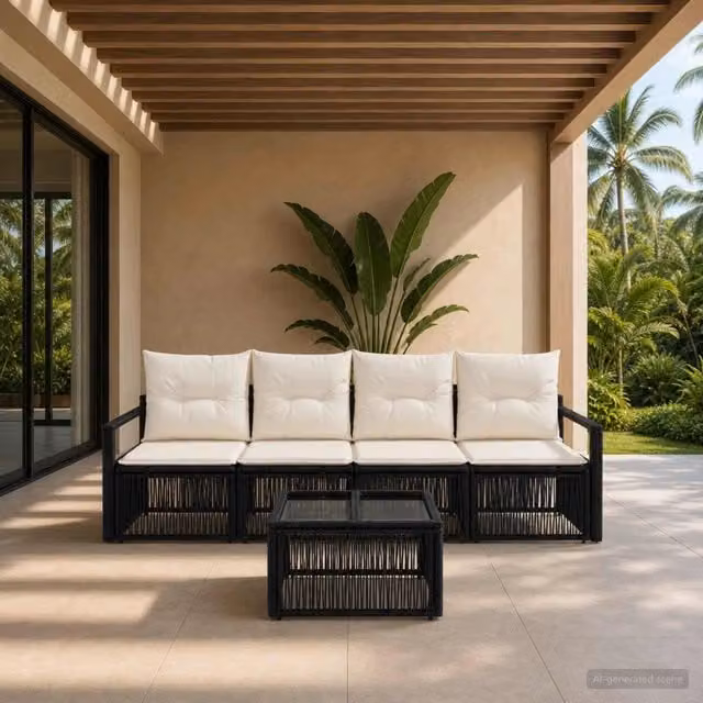 Set Divano da Giardino vidaXL 5 Pezzi in Polyrattan Nero con Tavolino e Cuscini – 1