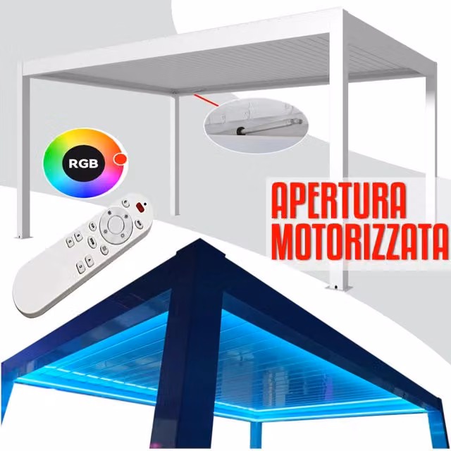 Pergola bioclimatica in alluminio con apertura lamelle motorizzata, impianto LED RGB e grondaia, Bianco, L: 6 m x P: 3 m – 1
