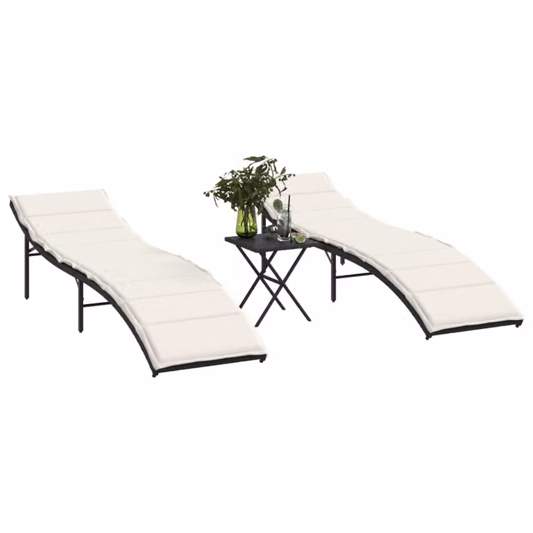 Set di 2 lettini prendisole con tavolino vidaXL in polyrattan nero con poggiatesta regolabile e vassoio laterale