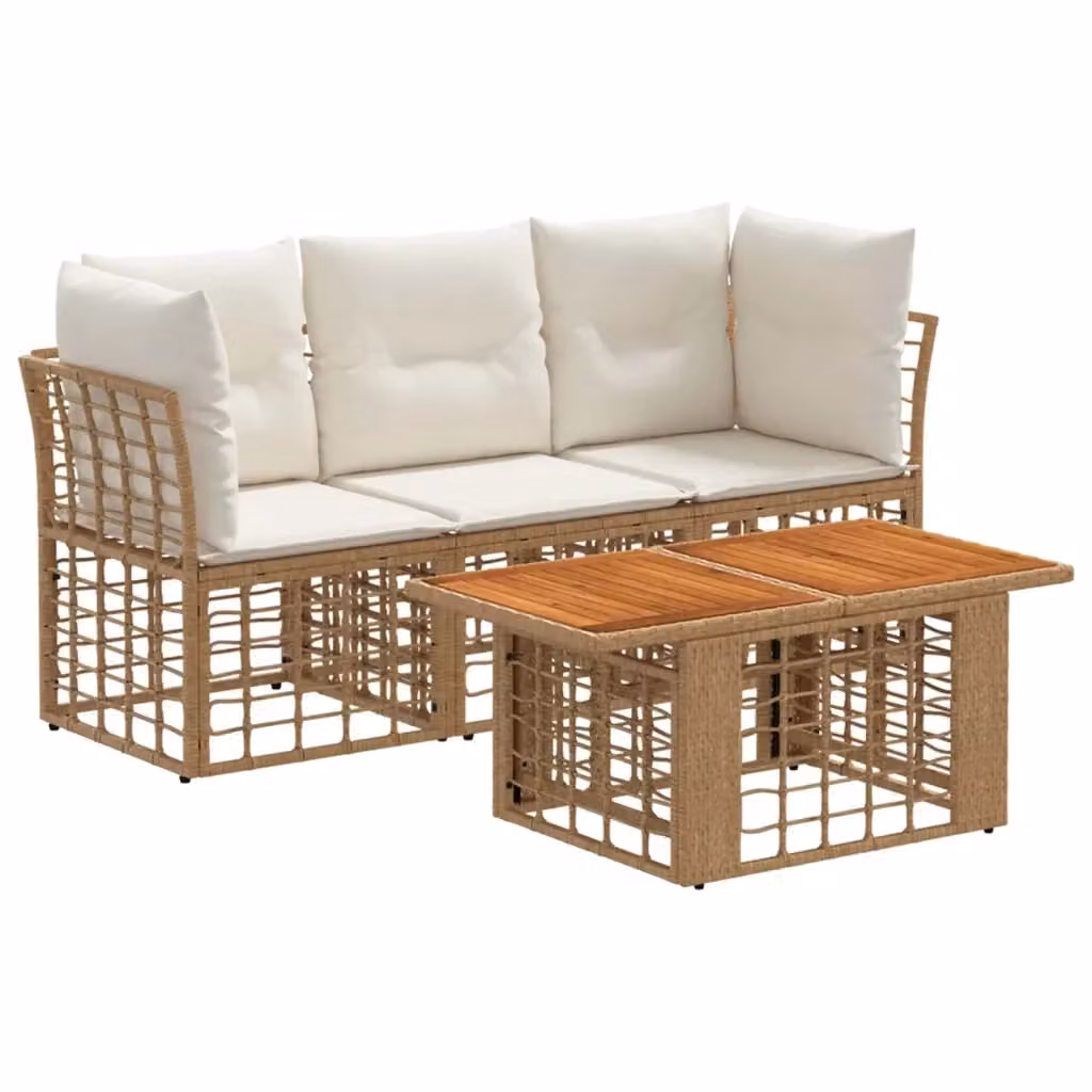 Set Divano da Giardino a L con Tavolino vidaXL in Polyrattan, Colore Naturale e Bianco Crema con Cuscini Inclusi – 2