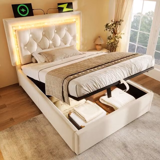 Letto Imbottito Singolo con Contenitore Idraulico e LED ¨C MINIMAL ¨C Velluto Beige 90x200