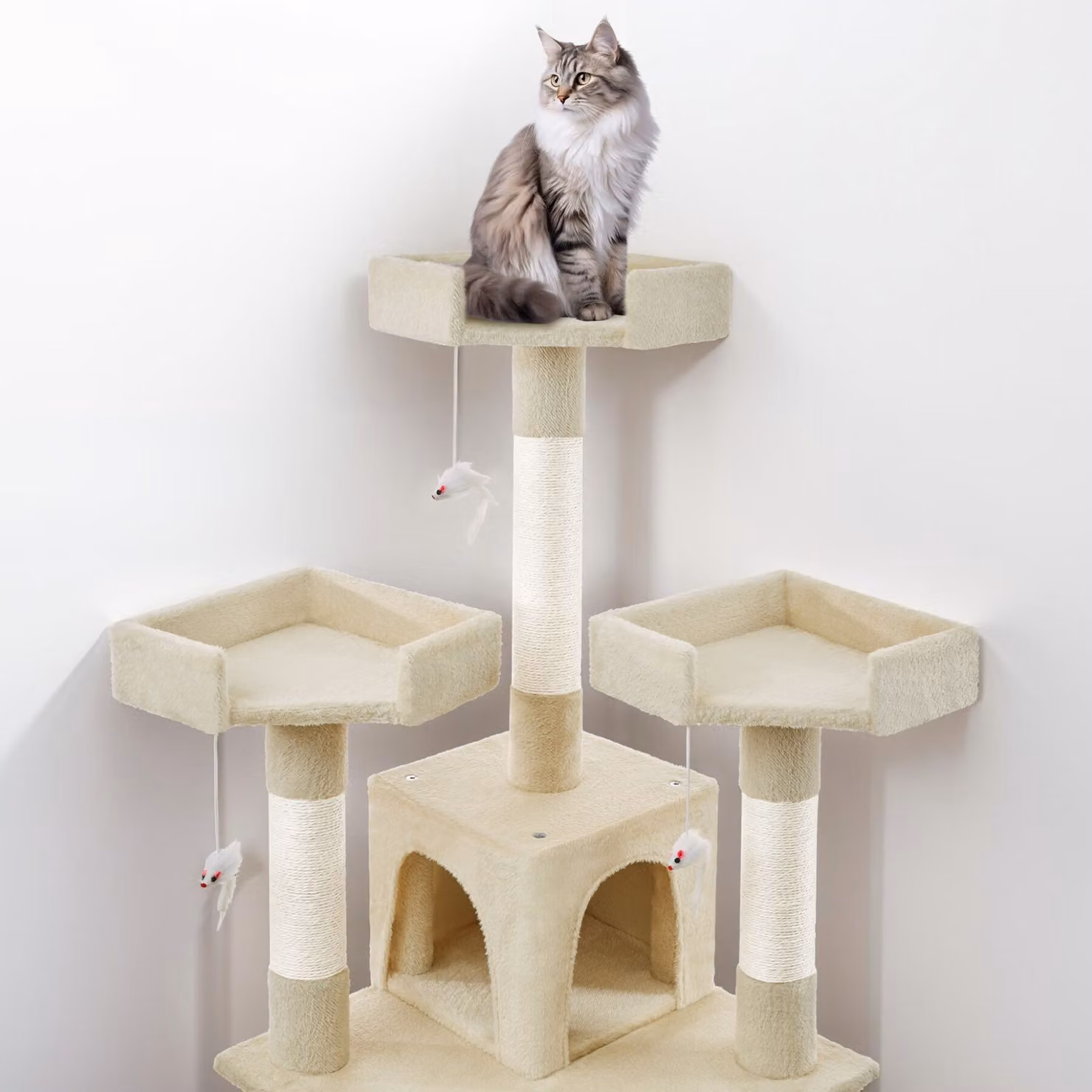Albero tiragraffi per gatti Barney TecTake GmbH beige con rifiniture in sisal e giochi integrati H: 170 cm, L: 54 cm, P: 70 cm