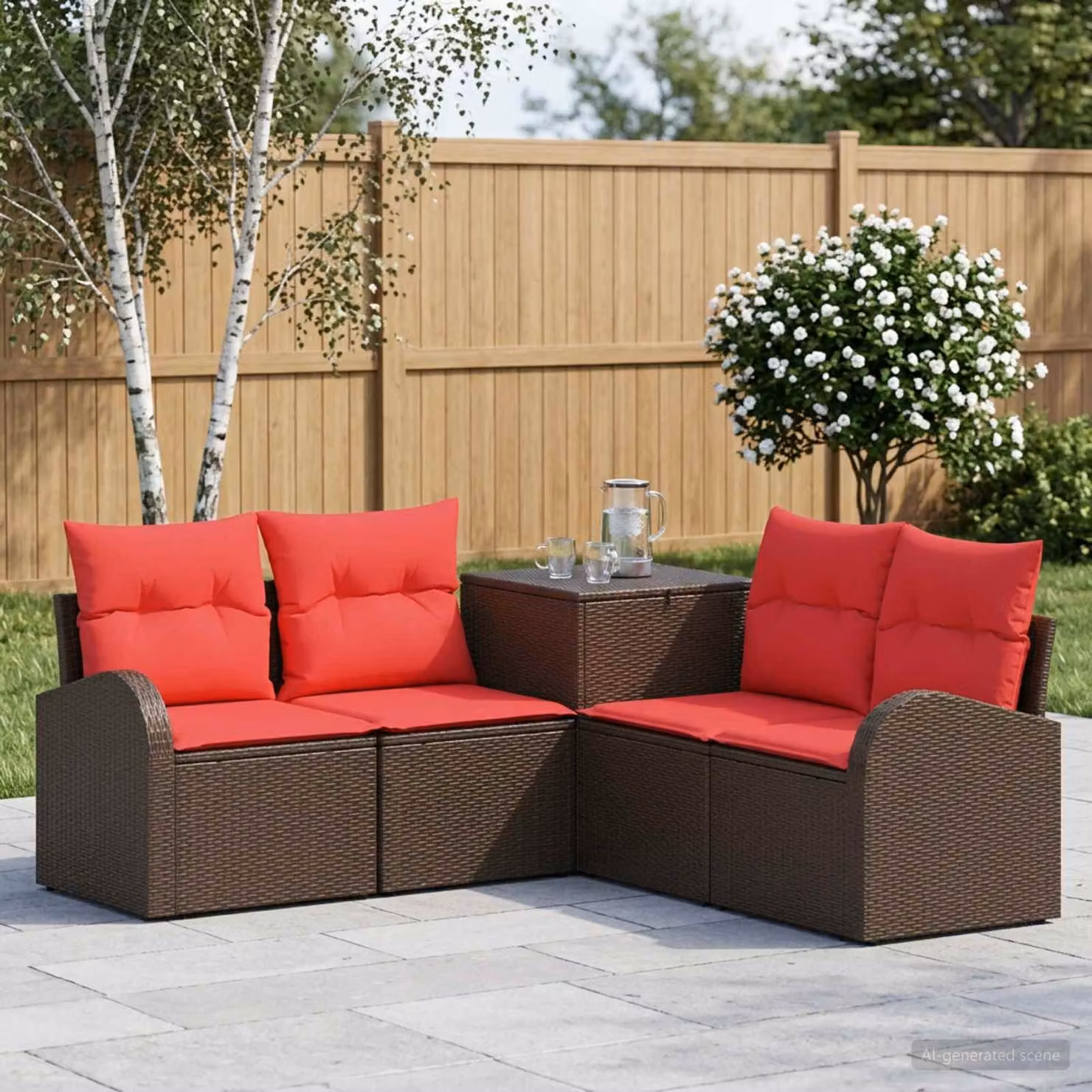 vidaXL Set di divani da giardino a forma di L composto da 5 pezzi in rattan e acciaio con cuscini marroni e rossi