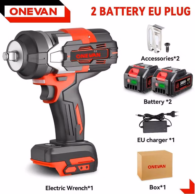 Avvitatore a impatto a batteria - Senza spazzole, senza fili - Coppia di 2800 Nm - 2 batterie - Per lavori su auto e metalli - Rosso