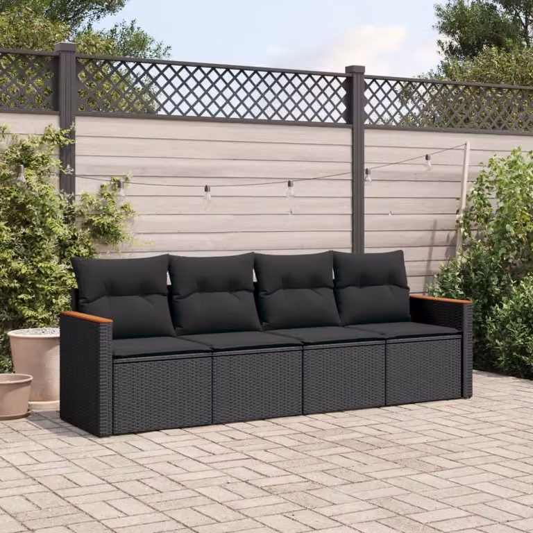 Set di divani da giardino vidaXL 4 pezzi in rattan nero con cuscini e struttura in acciaio rivestito in polvere