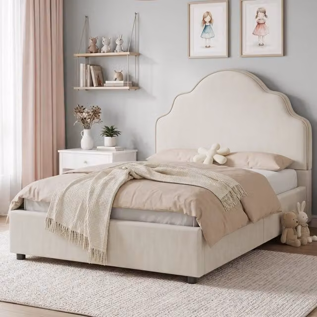 Letto singolo Mivray con testiera imbottita e rivestimento in tessuto beige, L/P/H: 90 x 200 x 100 cm