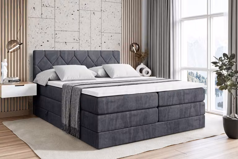 Letto boxspring ALTDECOR con 2 materassi e topper - 140x200 cm - CATOR KING - Velluto grigio scuro - Letto imbottito con materassi H3 e H4, contenitore e rete a doghe, letto con spazio contenitivo