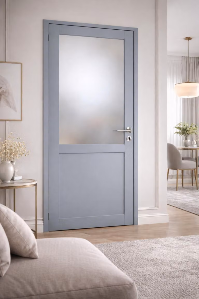 Bloc Porta Athena Grigio Chiaro Vetrata H204 x L73 cm, lato tavolo P.destra, maniglia Pomerol GD MENUISERIES