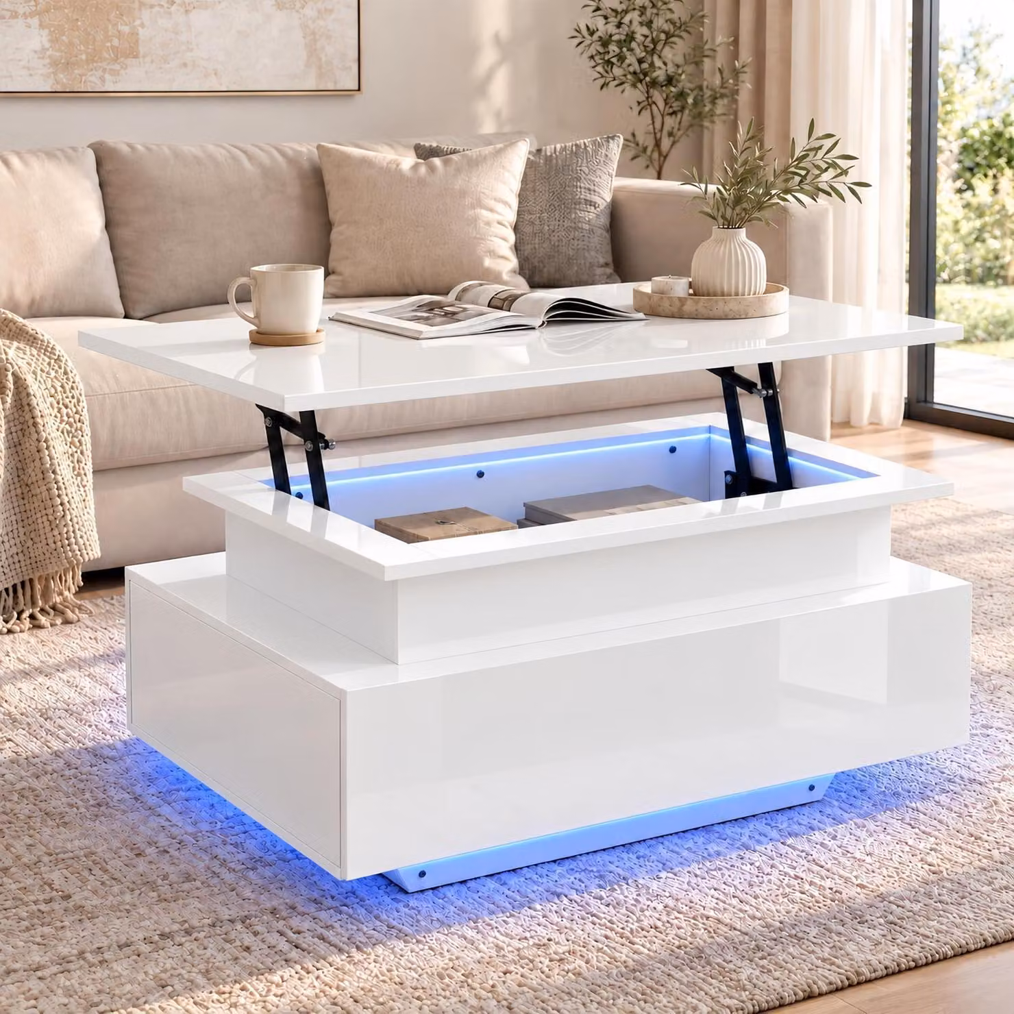 Tavolino da divano, bianco lucido, con altezza regolabile, dotato di LED, cassetti e ripiano, dimensioni 85x50x45 cm