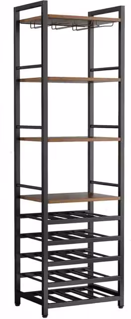 Scaffale industrial in metallo e legno con portabicchieri e porta bottiglie per cucina e sala da pranzo, multicolore nero opaco – 1