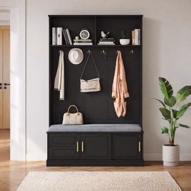 Attaccapanni con panca porta scarpe nero, 6 ganci tripli, 120×40×191 cm, salvaspazio per ingresso e corridoio
