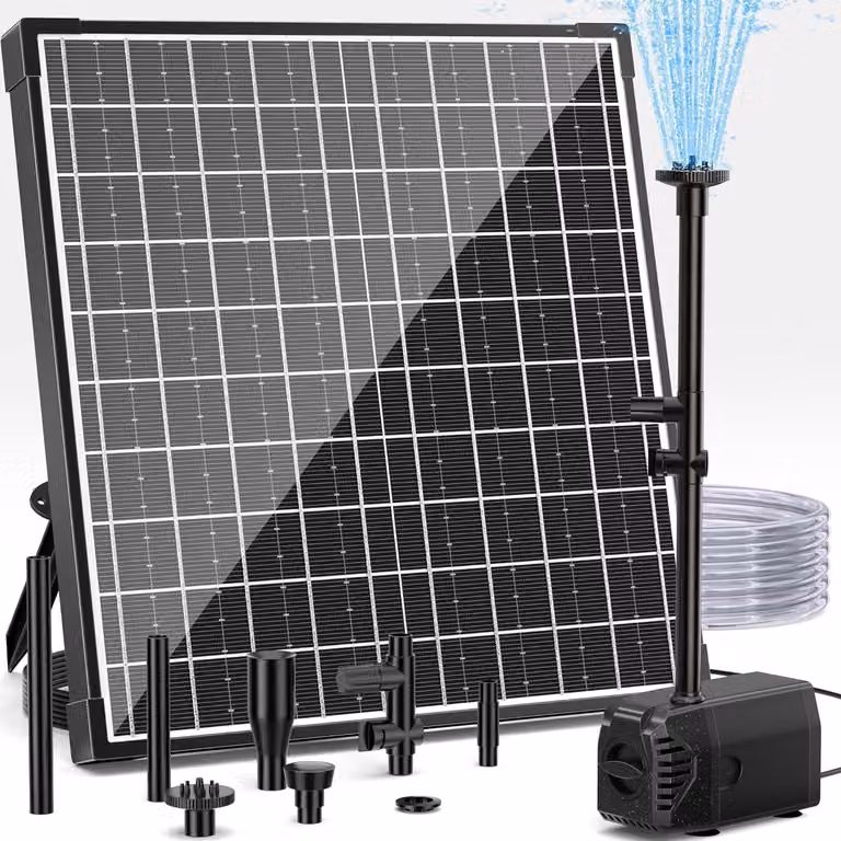 Fontana solare, 25 W, 1200 l/h, pompa solare per laghetto con filtro, 4 ugelli, 2 metri di tubo per l'acqua, 5 metri di cavo, gioco d'acqua fai-da-te
