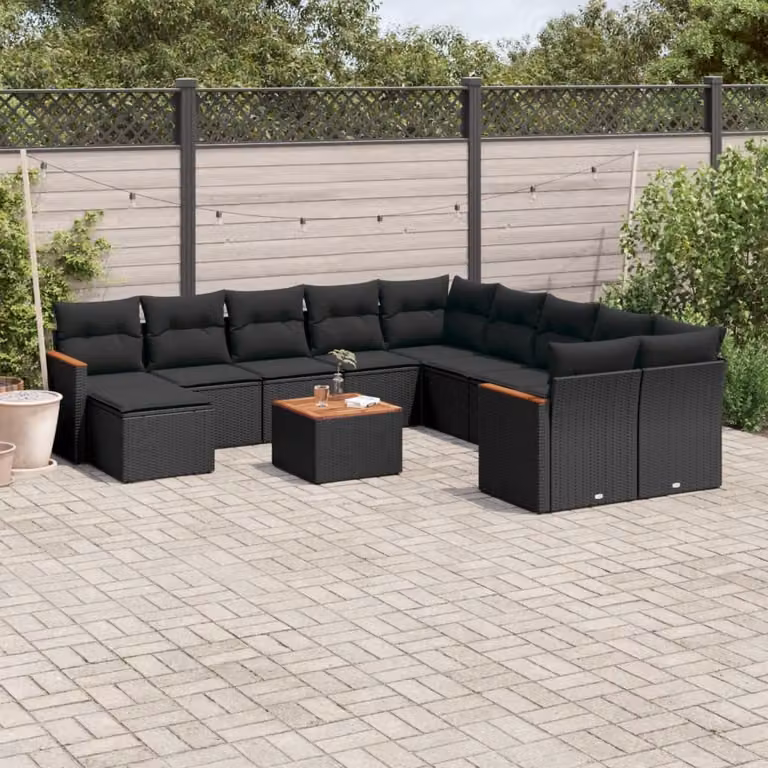 Set di divani da giardino vidaXL a forma di U in polyrattan nero con cuscini e tavolino da esterno