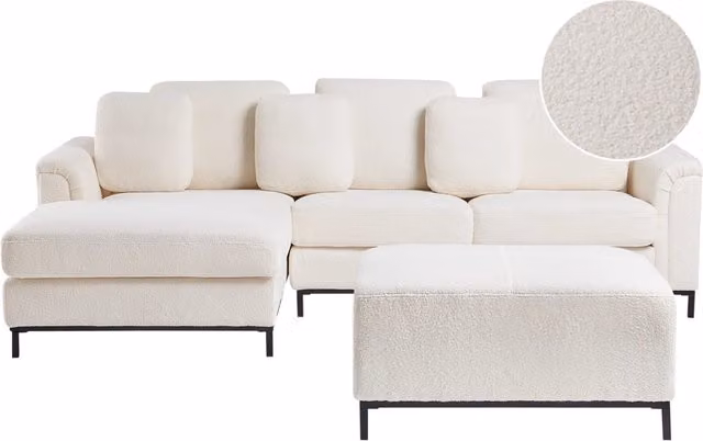 Divano angolare Beliani in tessuto bouclé bianco a 5 posti con pouf coordinato, versione destra a forma di L, L/P/H: 270 x 151 x 96 cm