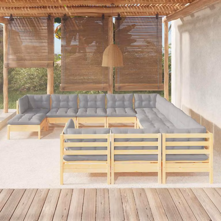 Set Divani da Giardino vidaXL a Forma di L in Legno di Pino con Cuscini Grigi e Ottoman