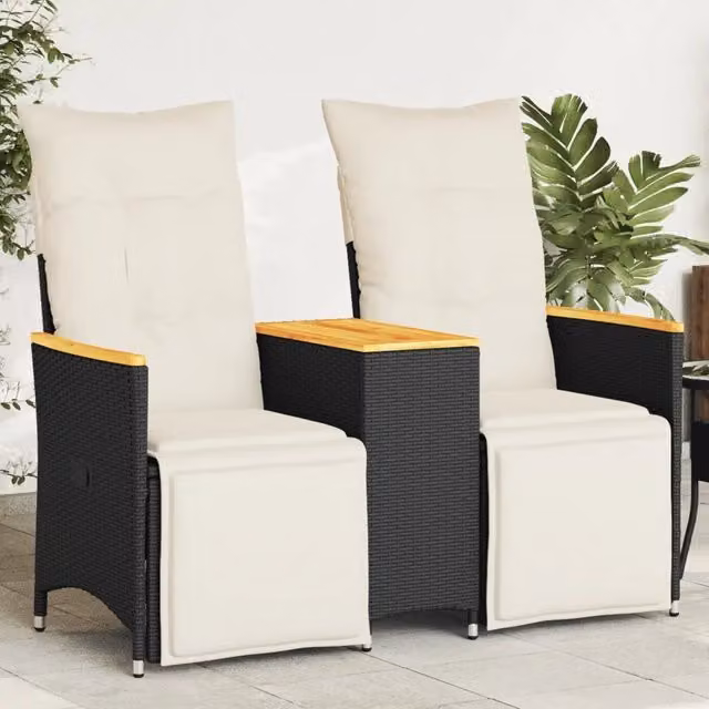Divano da giardino moderno vidaXL in polyrattan con cuscini bianchi e neri e poggiatesta regolabile