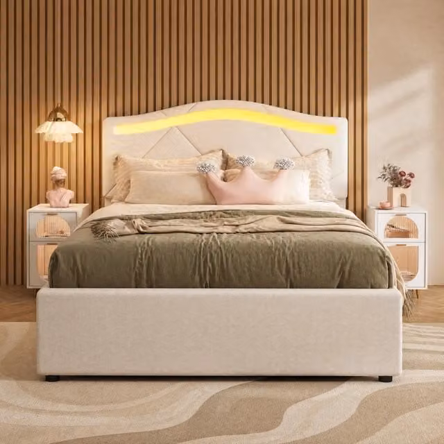 Letto imbottito beige 90x200 cm con rete a doghe, luci LED, due cassetti e testiera regolabile in lino