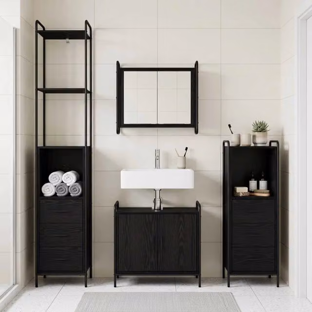 Set di Armadi da Bagno 3 pz Rovere Nero 40 x 36 x 200,5 cm 3444567