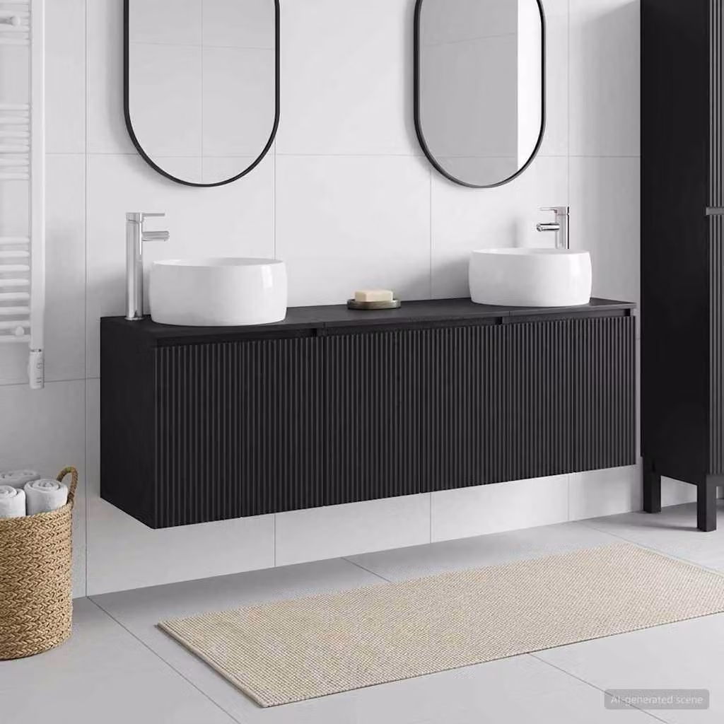 Set di 3 mobili da bagno vidaXL in legno e metallo nero opaco con armadietti a muro e mobile lavabo L/P/H: 49,5 x 44,5 x 66 cm