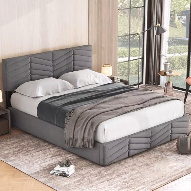 Letto contenitore matrimoniale OKWISH in velluto grigio con base a sollevamento, L/P/H: 140 x 200 x 43 cm