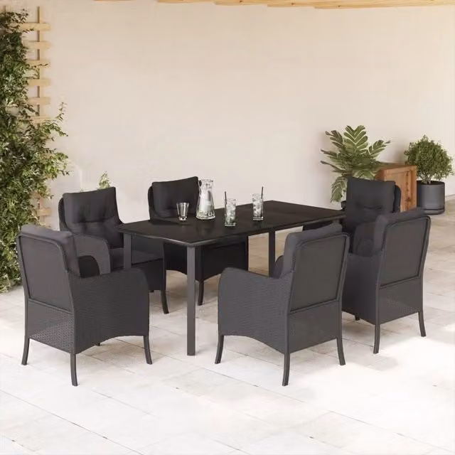 Set da Pranzo da Giardino vidaXL in Polyrattan Nero con Piano in Vetro e 7 Sedute