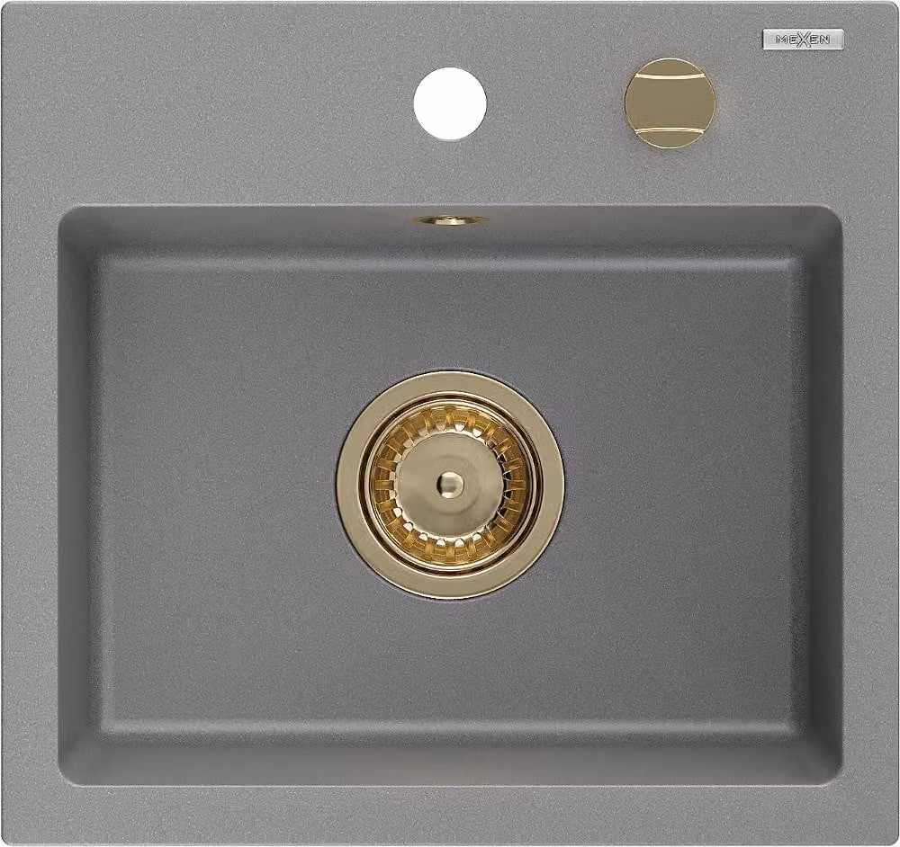 Mexen Milo lavello in granito a 1 vasca 435 x 410 mm, grigio, sifone dorato - 6505441000-71-G