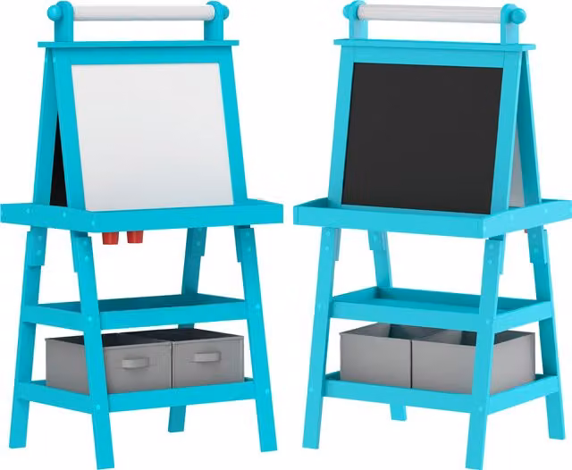 Lavagna per bambini AIYAPLAY 3 in 1 con cavalletto, rotolo di carta e 2 contenitori, in legno, Blu, L: 59 cm, P: 48 cm, H: 118 cm