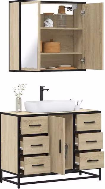 Set Mobili da Bagno 2 Pezzi vidaXL in Stile Industrial, Colore Beige, con Mobile Lavabo e Armadietto Specchio con Illuminazione LED