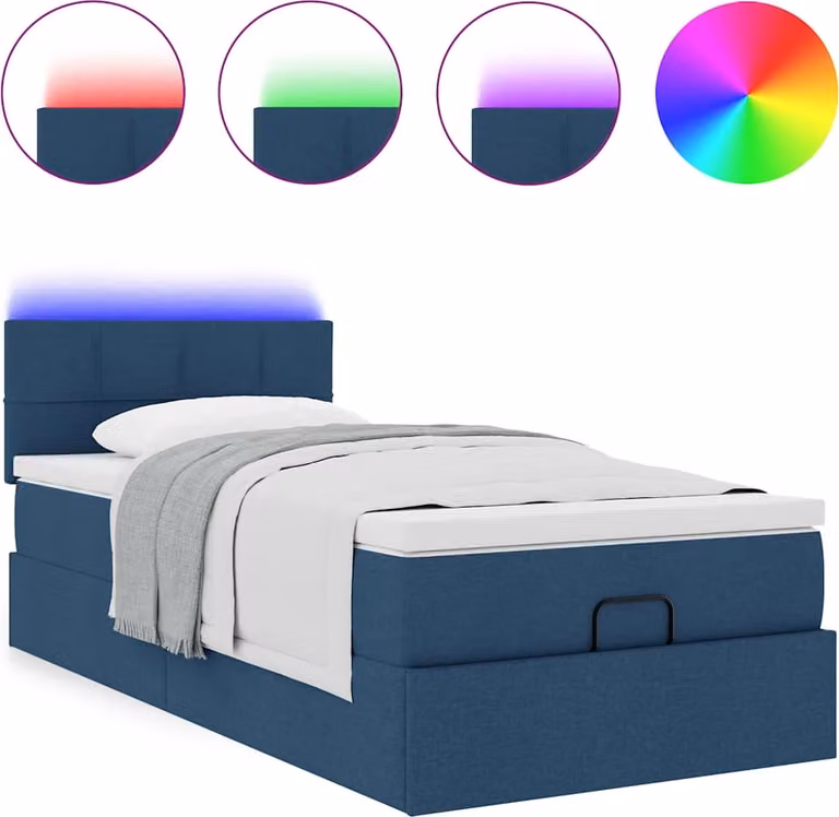 Pouf Letto con Materasso e LED Blu 100x200 cm in Tessuto