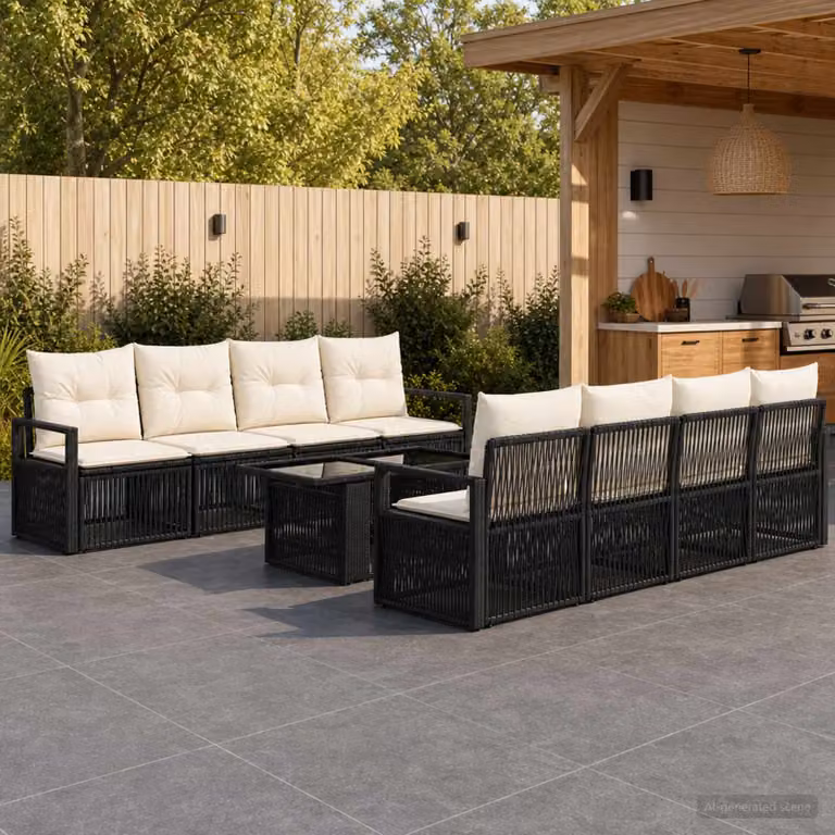Set Divano da Giardino vidaXL 9 pz in Polyrattan con Tavolino e Cuscini, Colore Nero e Bianco Crema