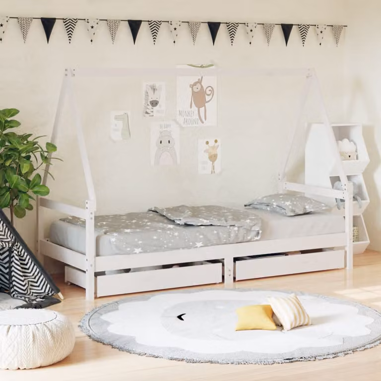 vidaXL Giroletto per Bambini in Legno di Pino Massello con Cassetti Bianco L 80 cm x P 200 cm