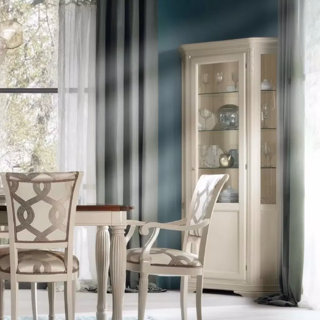 Vetrina angolo shabby chic in legno massello con porta in vetro e ripiani interni, laccata avorio, Mobili 2G, L: 76 cm, P: 76 cm, H: 215 cm – 3