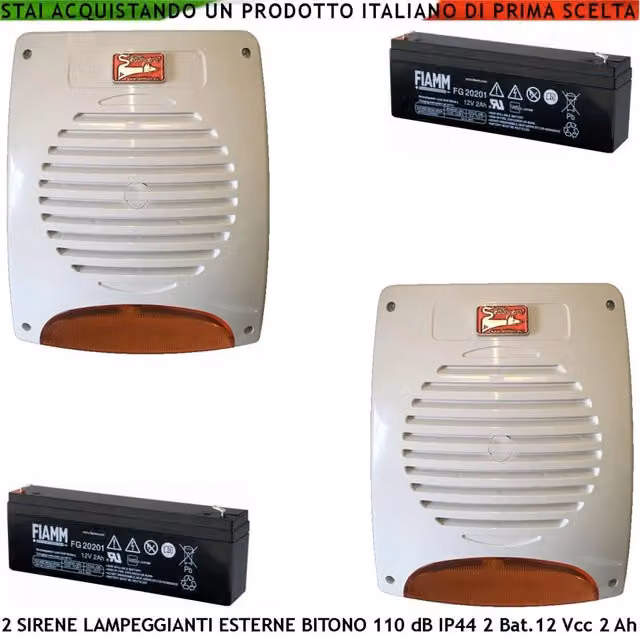 Set di 2 Sirene Lampeggianti a LED Securvera per Antifurto da Esterno, Colore Bianco, con Melodia Bitono e 2 Batterie 12V 2Ah