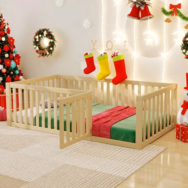 Letto singolo per bambini 90 x 200 cm in legno massello naturale con recinzione e porta