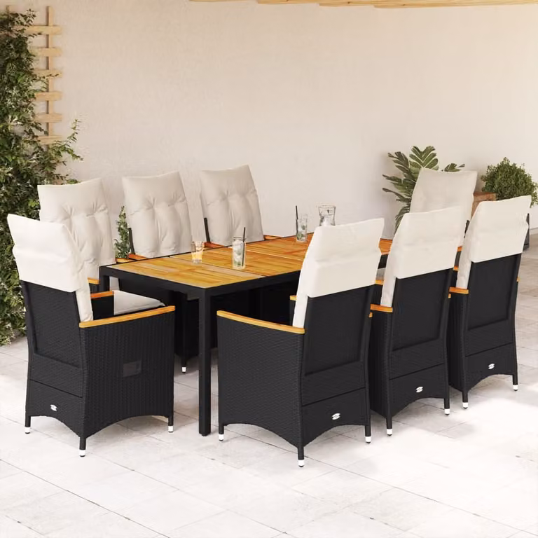 Set da pranzo da giardino vidaXL in polyrattan e legno di acacia con 9 pezzi e cuscini, nero e bianco