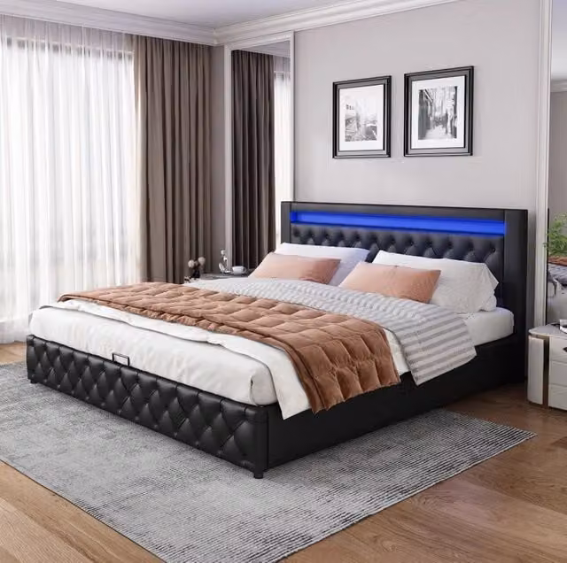Letto imbottito 160 x 200 cm con vano contenitore; rete a doghe e LED; PU nero